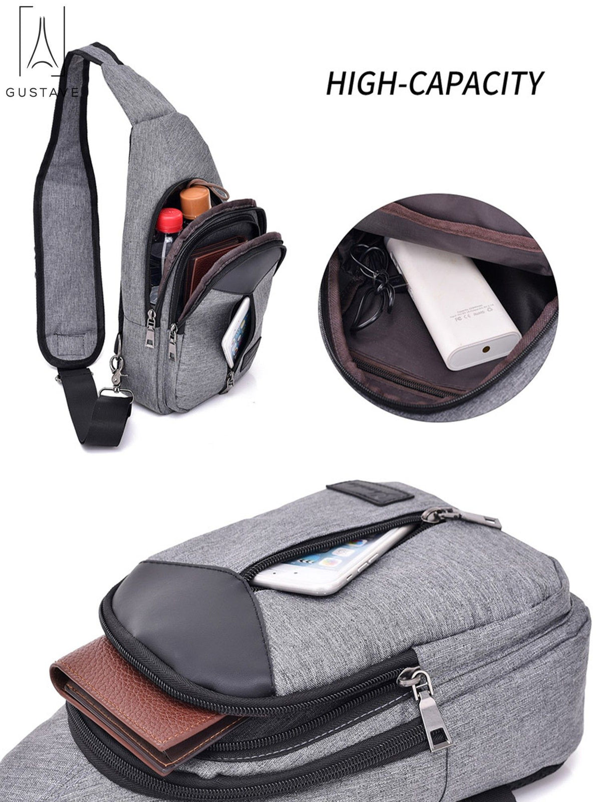 Black Nylon Chest Sling Bag with USB Charge Port U375525