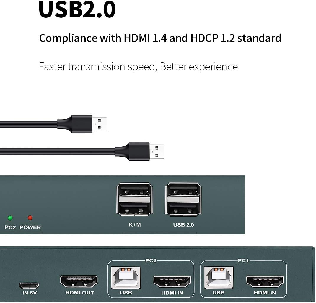 KVM Switch HDMI 2 Port, 4K@30Hz, USB2.0 Hub, with 2 HDMI and 2 USB Cables Q436069