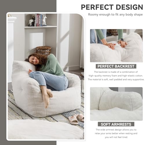 Giant Teddy Plush Bean Bag Sofa Chair with Armrests and Pocket (Ivory) F122