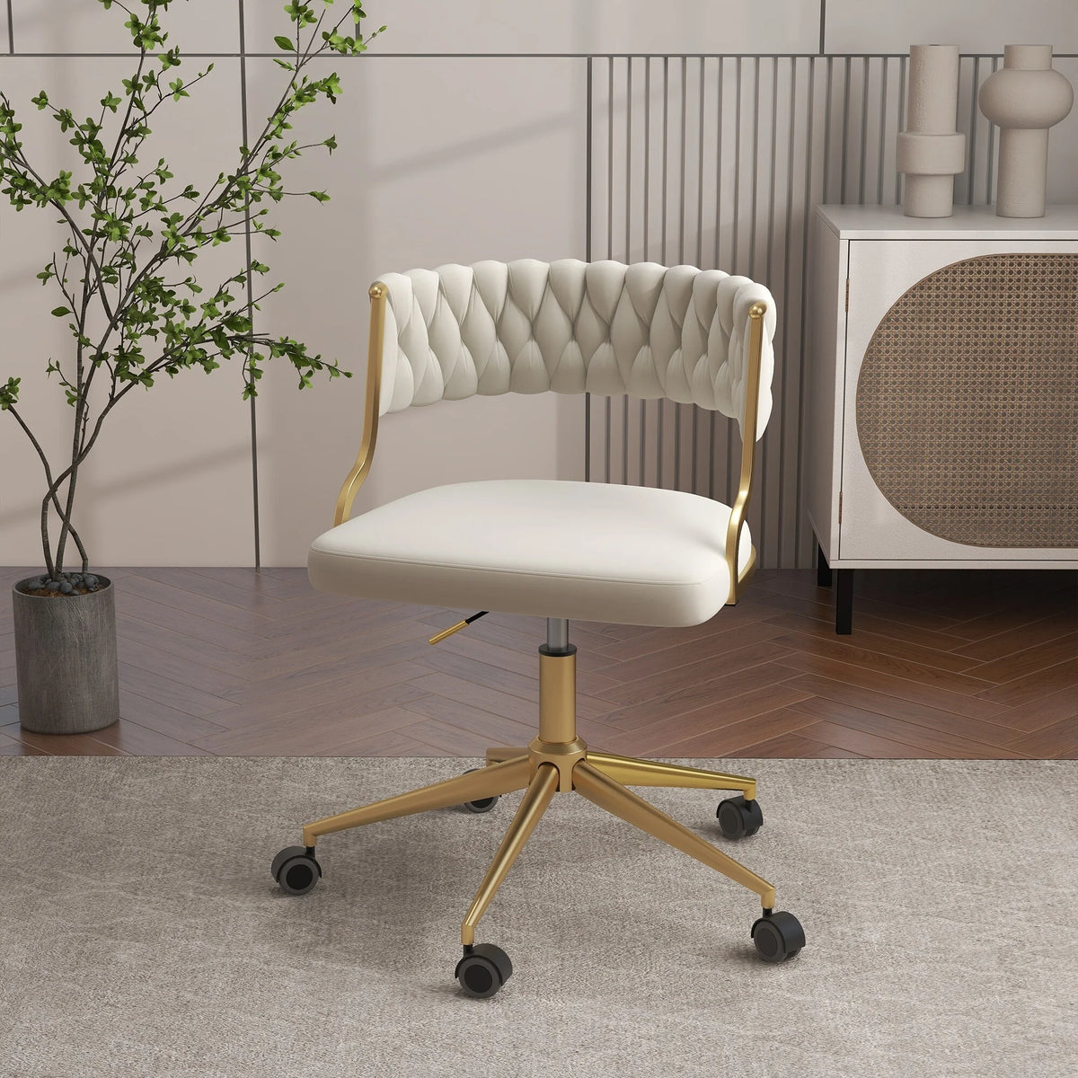 Velvet Office Desk Chair with Hand Woven Backrest Q291565
