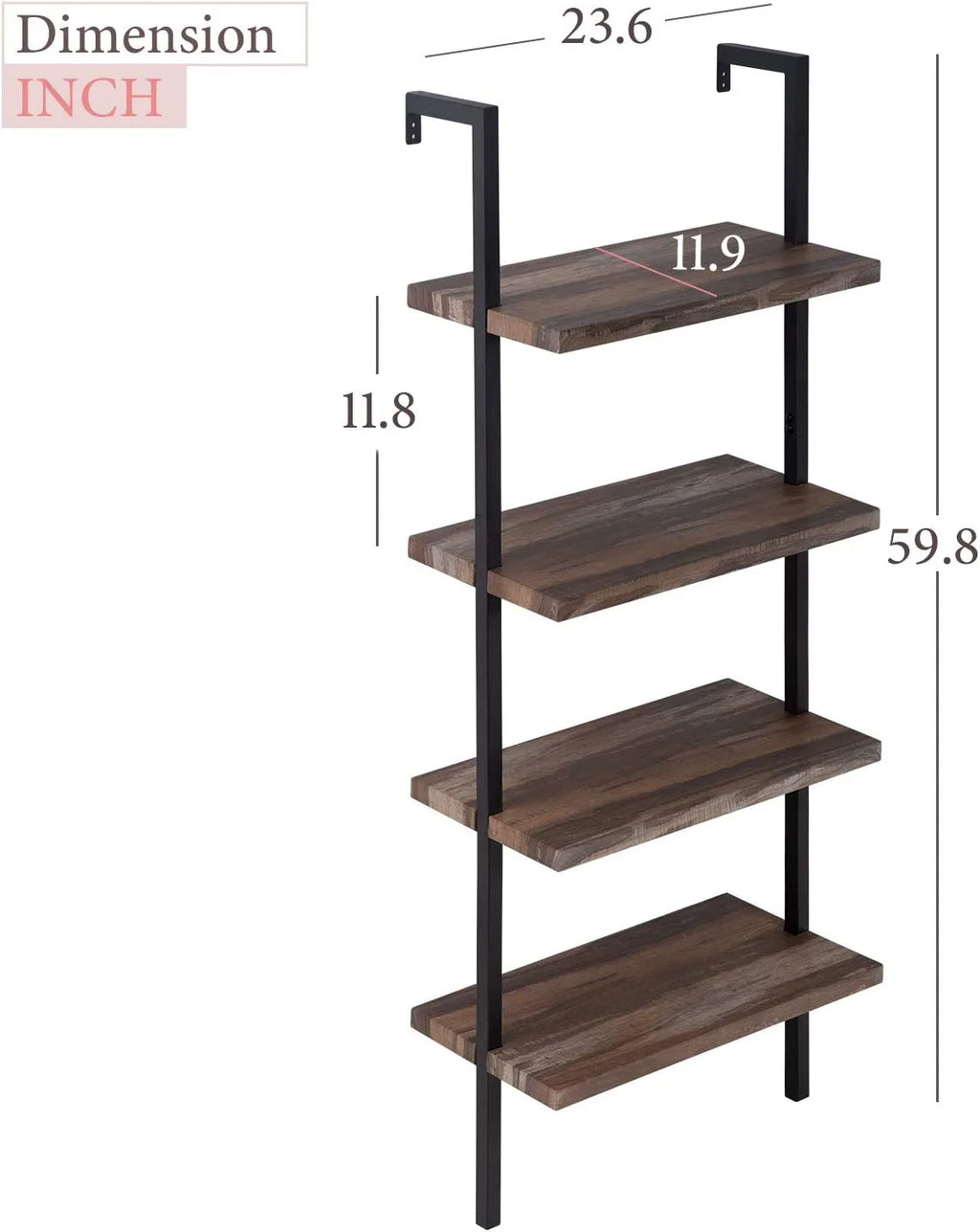 4 Shelf Wall Mount Bookshelf with Metal Frame B878