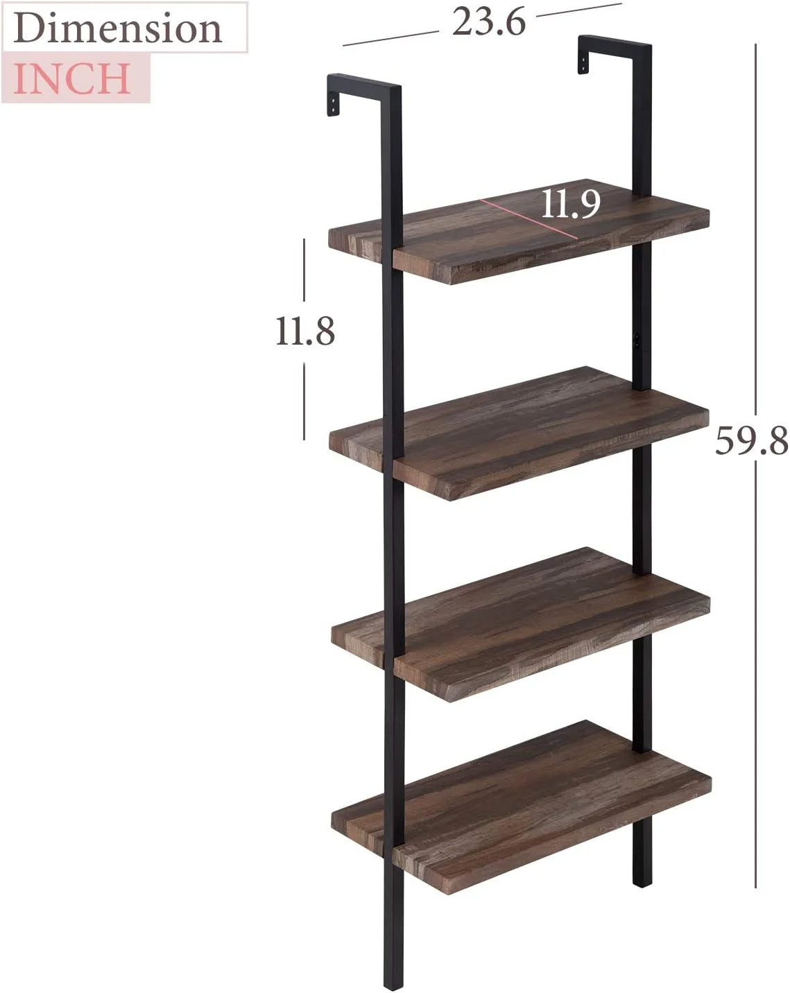 4 Shelf Wall Mount Bookshelf with Metal Frame B878