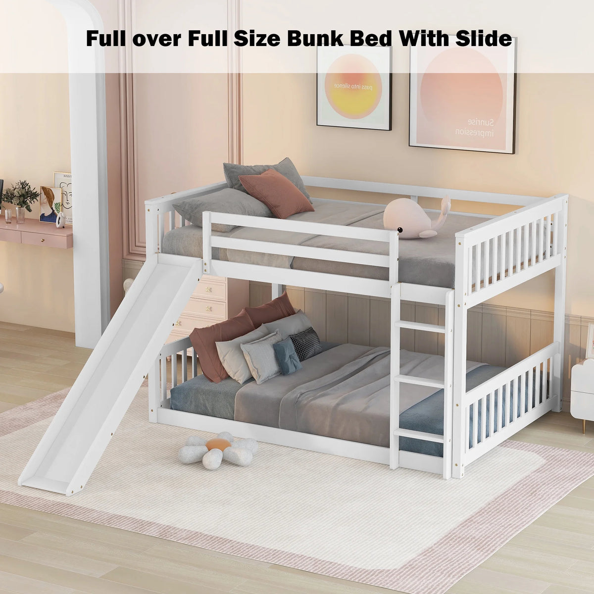White Full over Full Wood Bunk Bed with Slide and Ladder Z99078