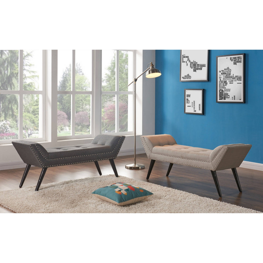 Taupe Fabric Ottoman Bench with Nailhead Trim and Wood Legs U4744