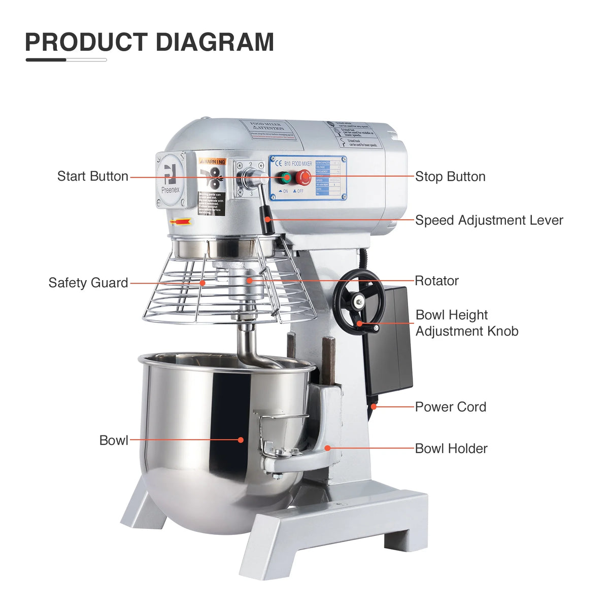 10Qt 600W Commercial Stand Mixer with 3 Attachment T2538