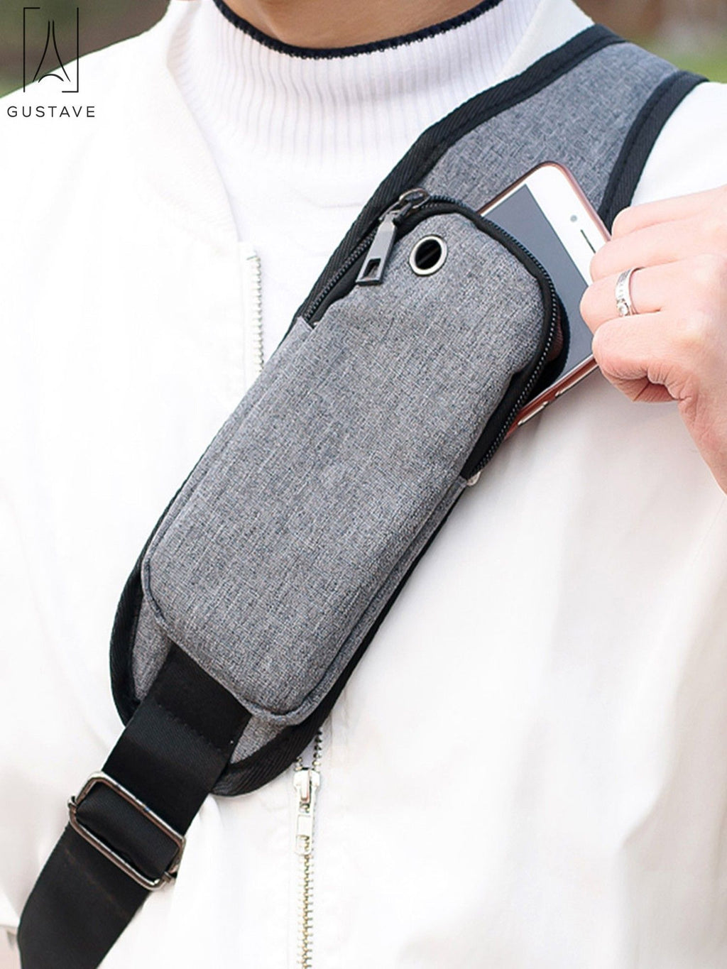 Black Nylon Chest Sling Bag with USB Charge Port U375525