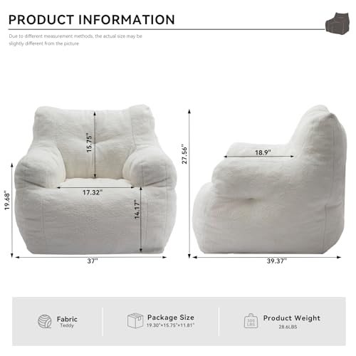 Giant Teddy Plush Bean Bag Sofa Chair with Armrests and Pocket (Ivory) F122