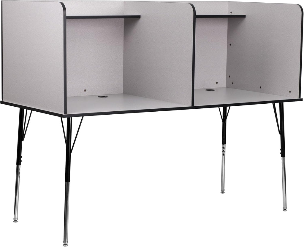 Double Wide Study Carrel with Adjustable Legs and Top Shelf in Nebula Grey D925393