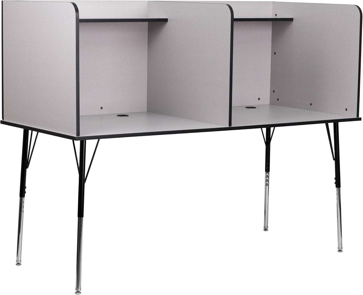 Double Wide Study Carrel with Adjustable Legs and Top Shelf in Nebula Grey D925393
