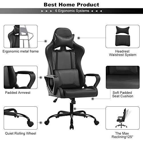 White Ergonomic PU Leather Gaming Chair with Lumbar Support Headrest P854473