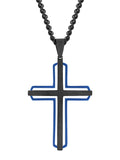 Stainless Steel Black & Blue Cross Pendant Necklace Q4423