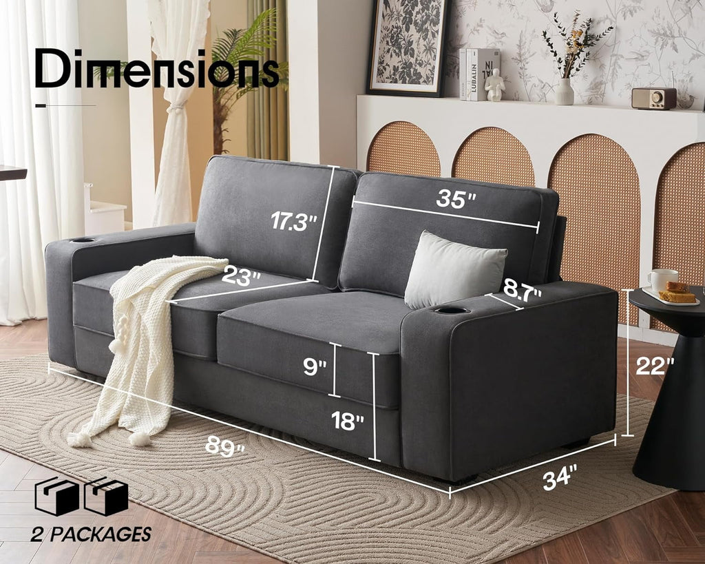 Grey Chenille Sofa with USB Charging Ports & Cup Holders B51219