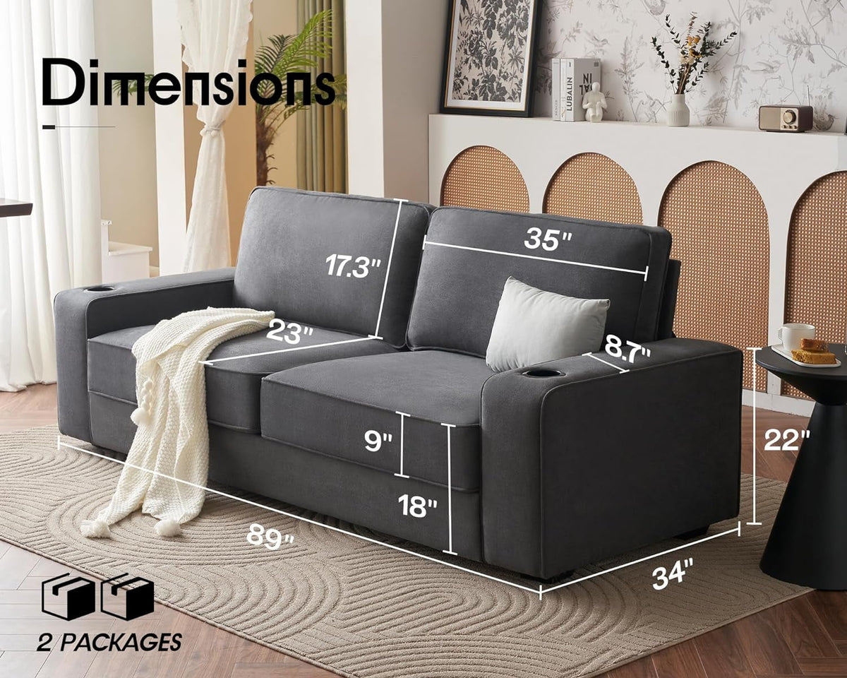 Grey Chenille Sofa with USB Charging Ports & Cup Holders B51219