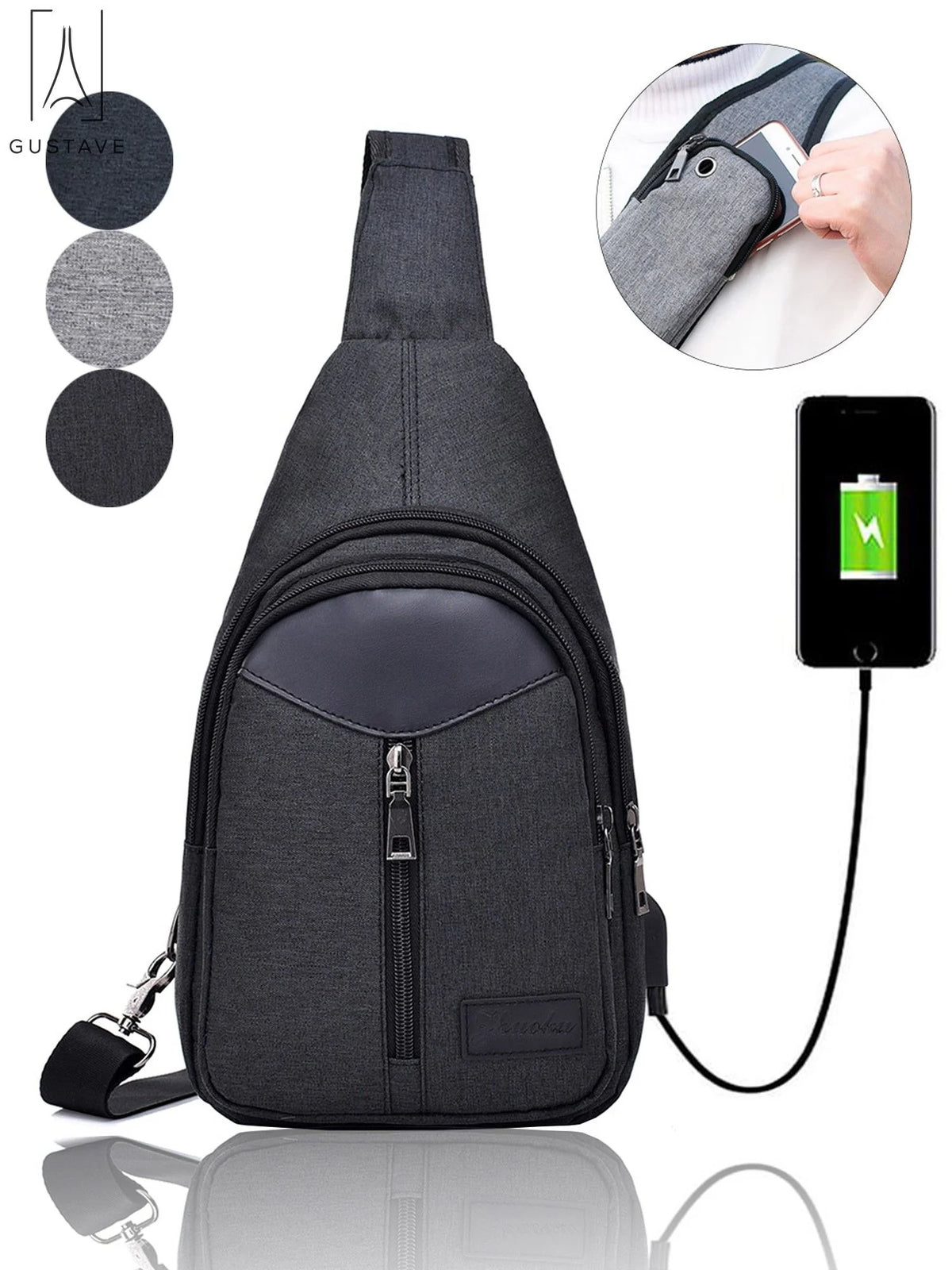 Black Nylon Chest Sling Bag with USB Charge Port U375525