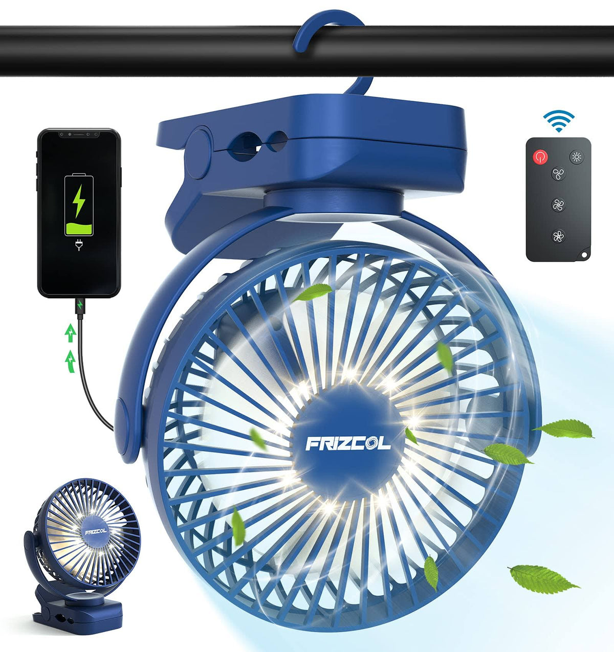11800 mAh Rechargeable Battery Operated Camping Fan with LED Light and Clips N6478