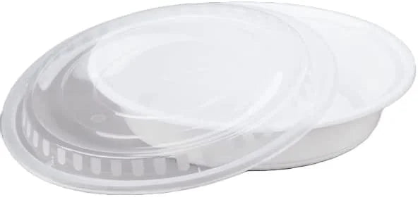 48oz 25 Pack White 9" Round Microwavable Plastic Container with Lid M215
