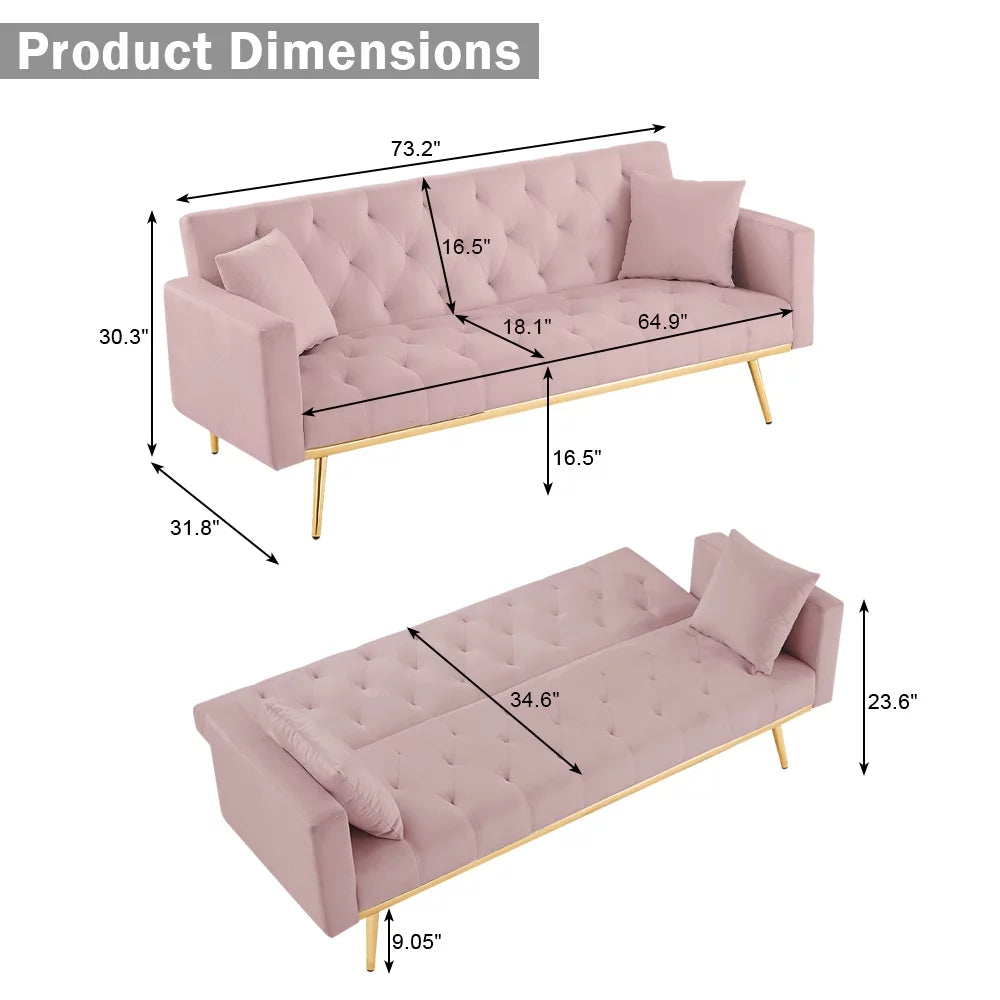 Pink Velvet Convertible Sofa Bed with 2 Pillows M60073