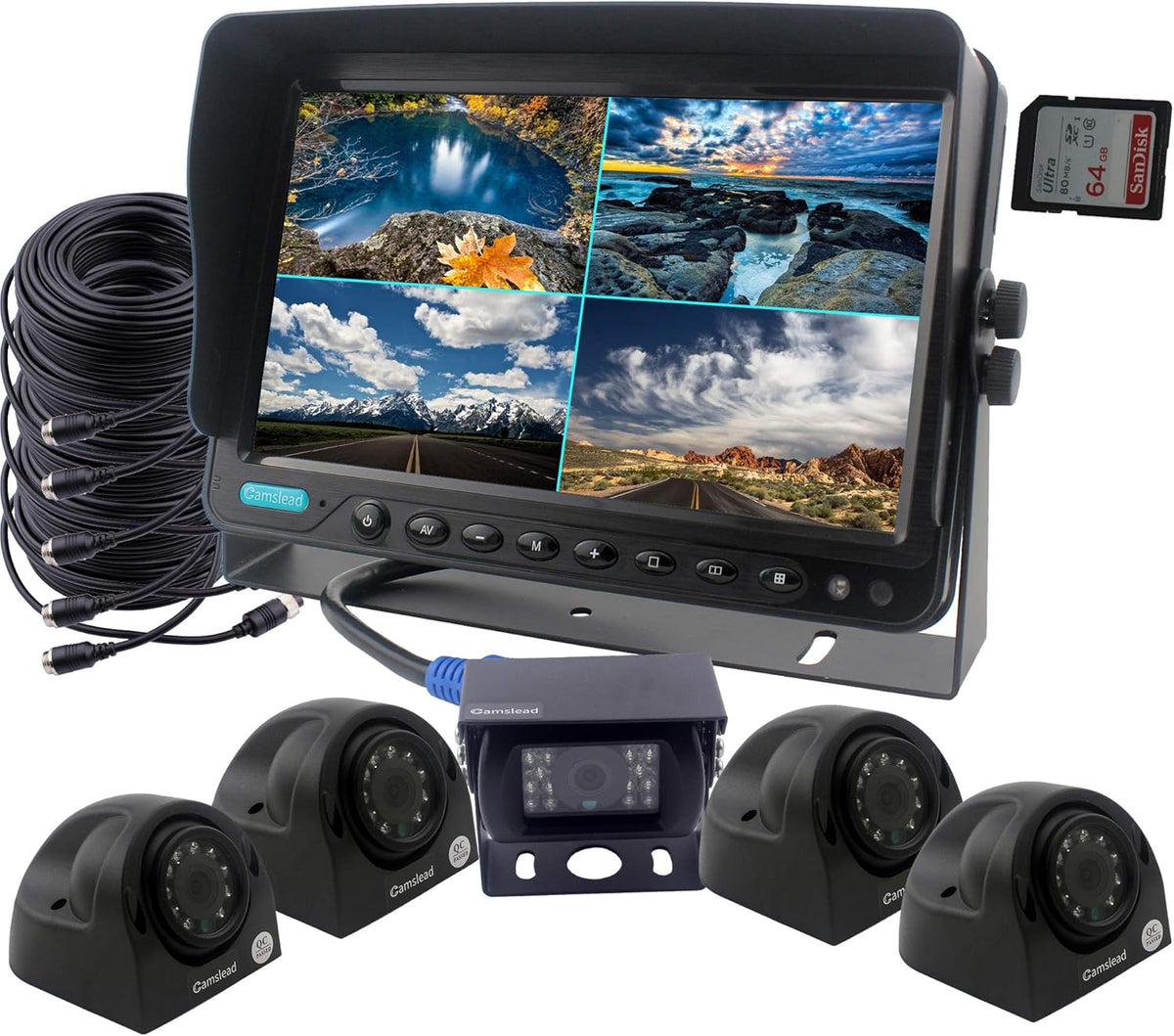 9 inch Monitor Car Backup Camera System with Quad Split Screen CCD Waterproof Night Vision Rear View Camera K173875