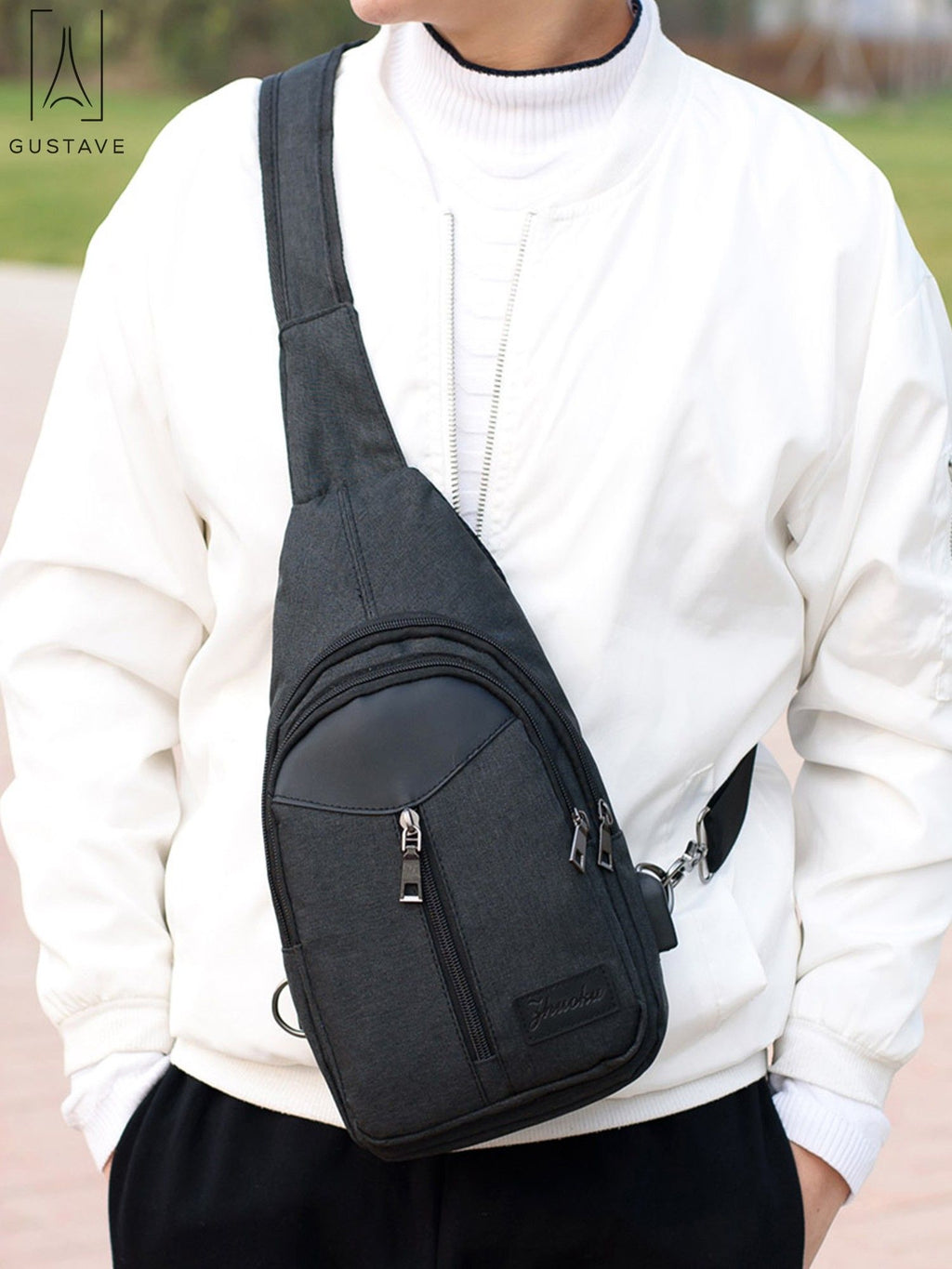 Black Nylon Chest Sling Bag with USB Charge Port U375525