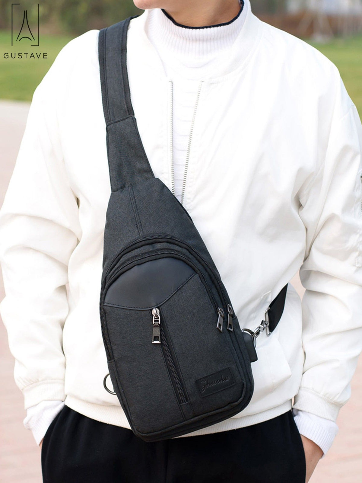Black Nylon Chest Sling Bag with USB Charge Port U375525