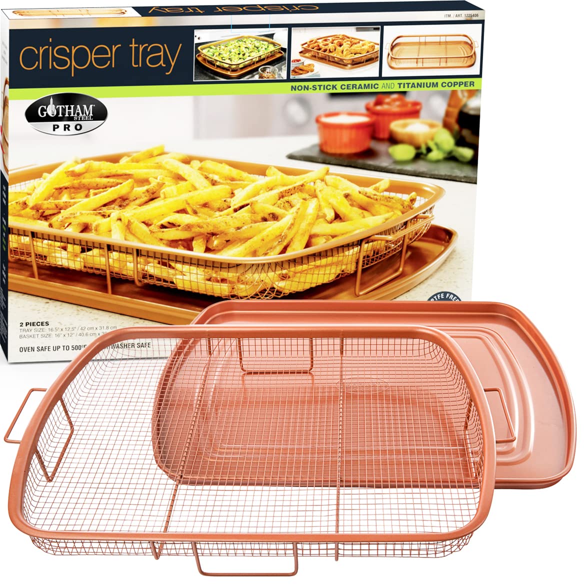 2 Piece Nonstick Air Fryer Tray + Basket, Copper Crisper Tray, 16.5” x 12” X772