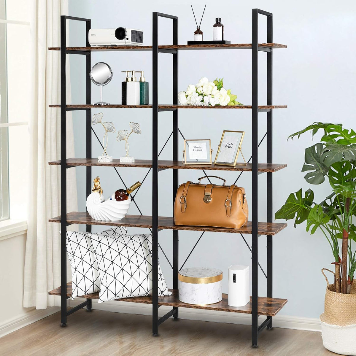 5 Tier Rustic Wood and Metal Bookshelf P826755
