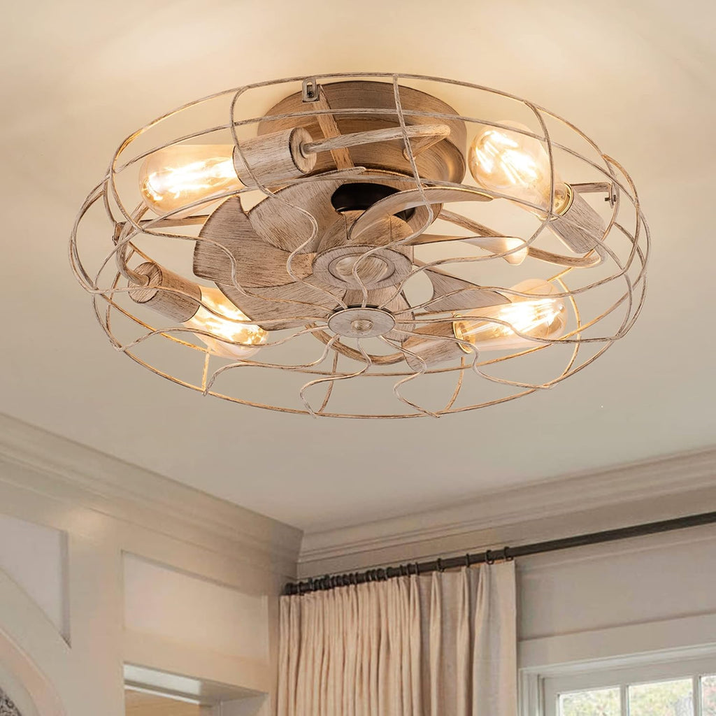 White Bladeless Caged Ceiling Fan with Lights Remote Control L72185