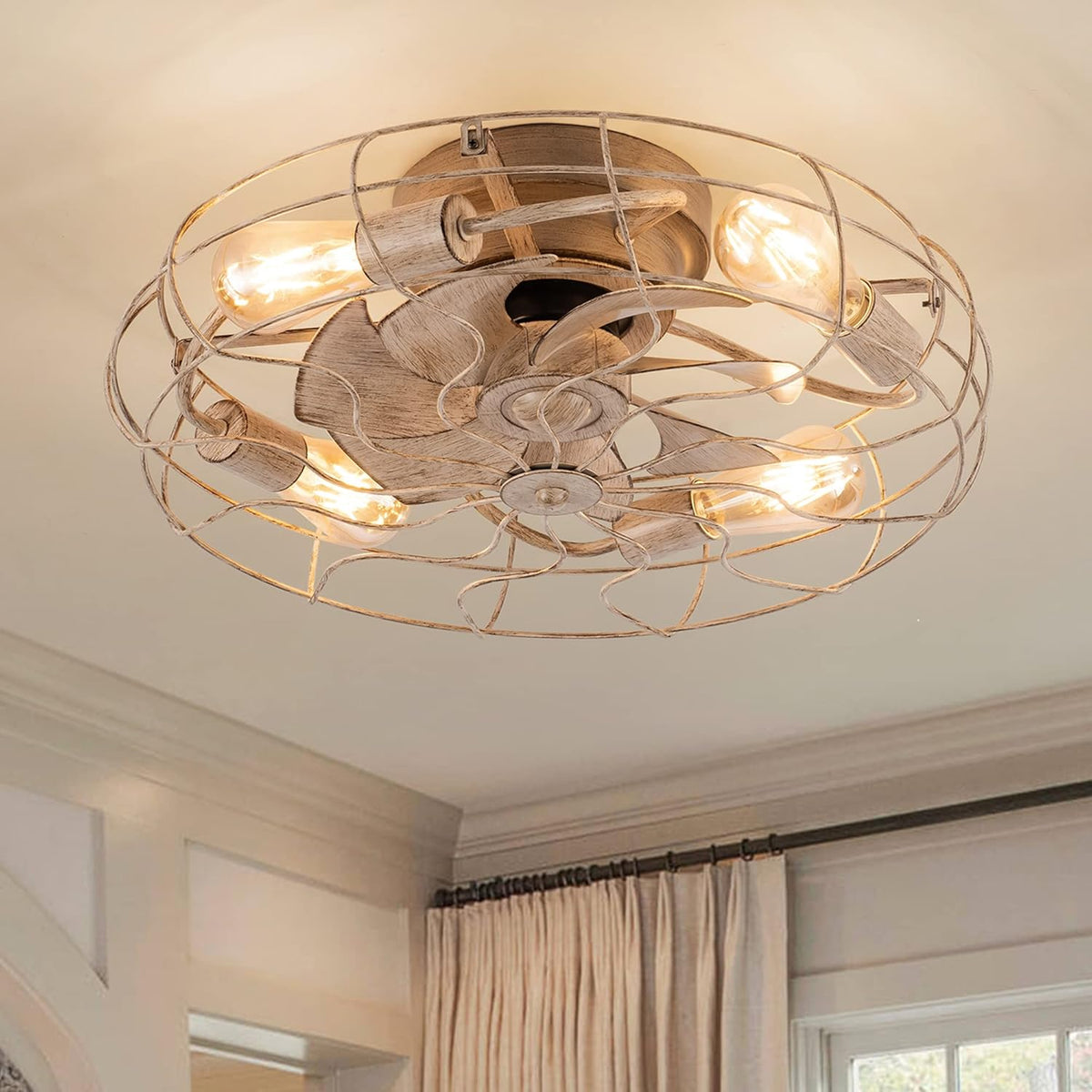 White Bladeless Caged Ceiling Fan with Lights Remote Control L72185