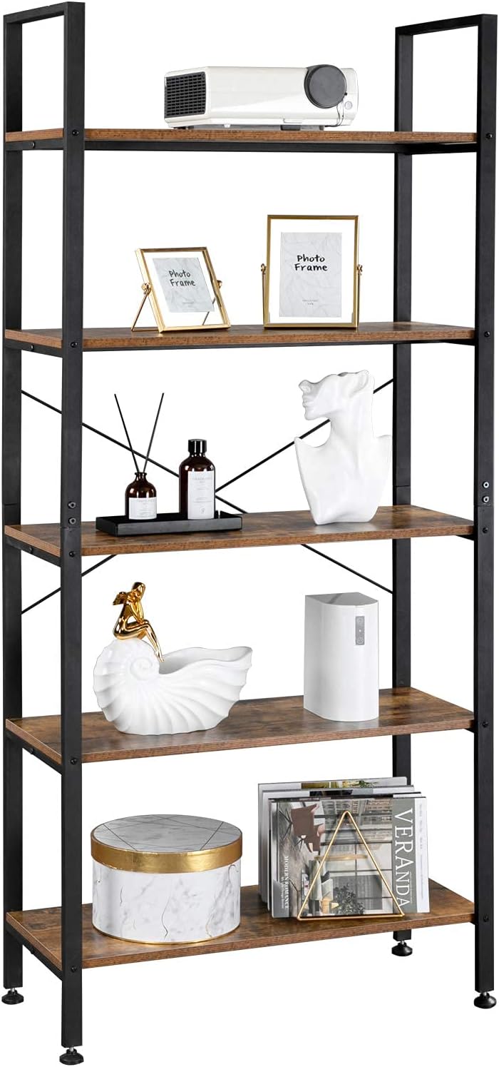 5 Tier Rustic Wood and Metal Bookshelf P826755