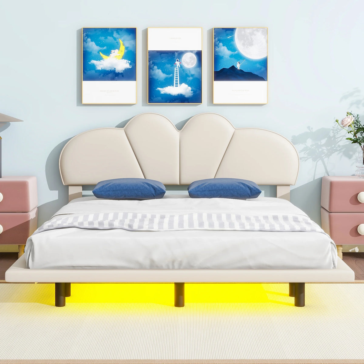 Beige Full Size Upholstered Platform Bed with LED Lights A861191