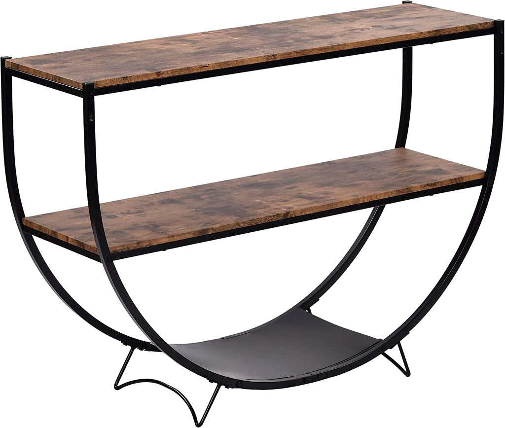 Rustic Wood 2-Tier Console Table with Shelves and Metal Frame B44657
