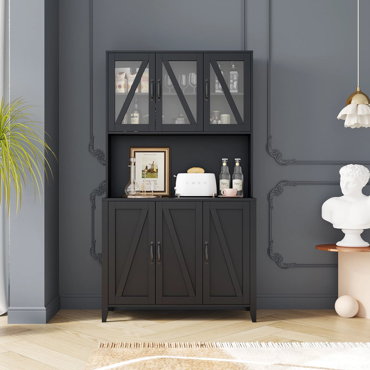Black Kitchen Hutch Cabinet with Glass Doors L138