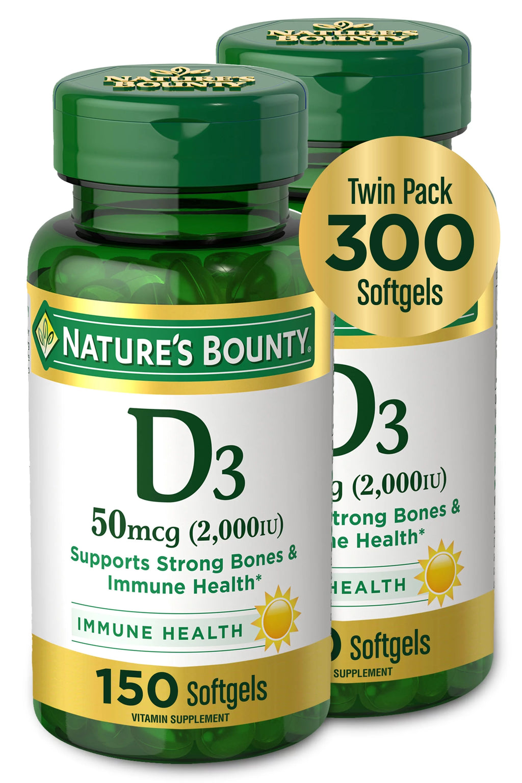 Vitamin D3 Softgels, 50 mcg, 2000 IU, 150 Ct, 2 Pack W772