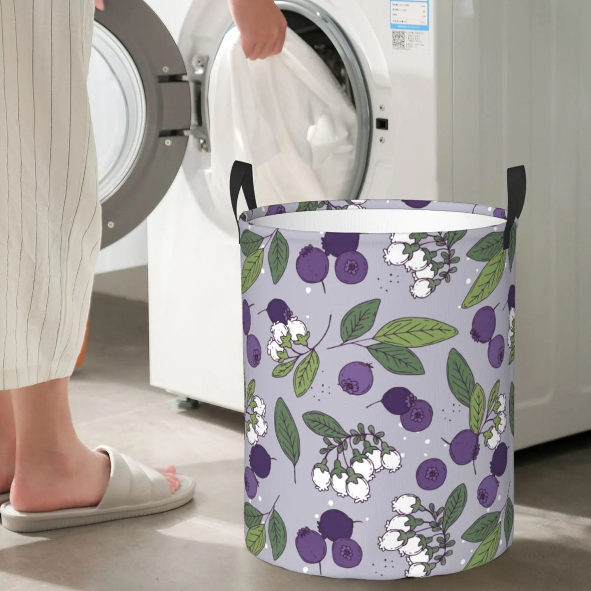 Blueberry Fruit Flower Art Pattern Collapsible Laundry Basket with Handles C978