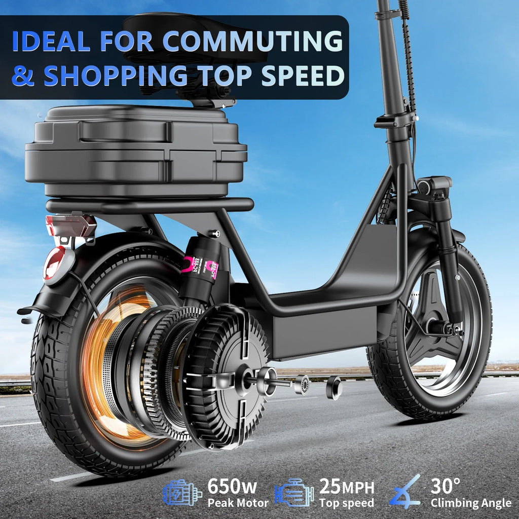 14" Tires 20MPH 25Miles Electric Scooter with Seat & Basket D81119