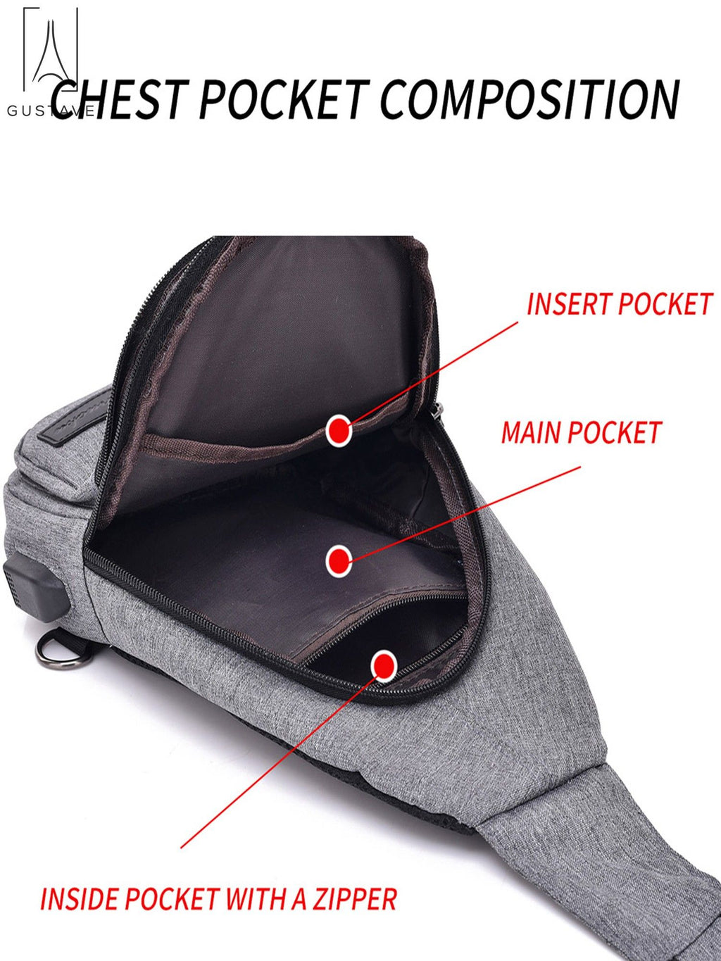 Black Nylon Chest Sling Bag with USB Charge Port U375525