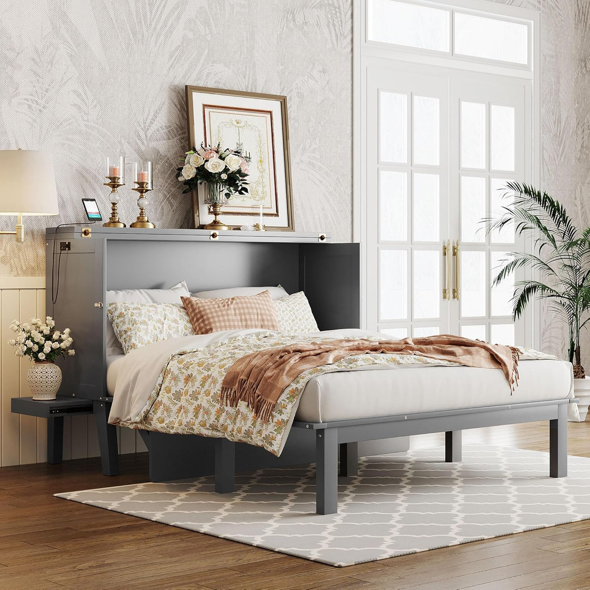 Grey Queen Murphy Bed with Desk Board and Removable Shelves J93327