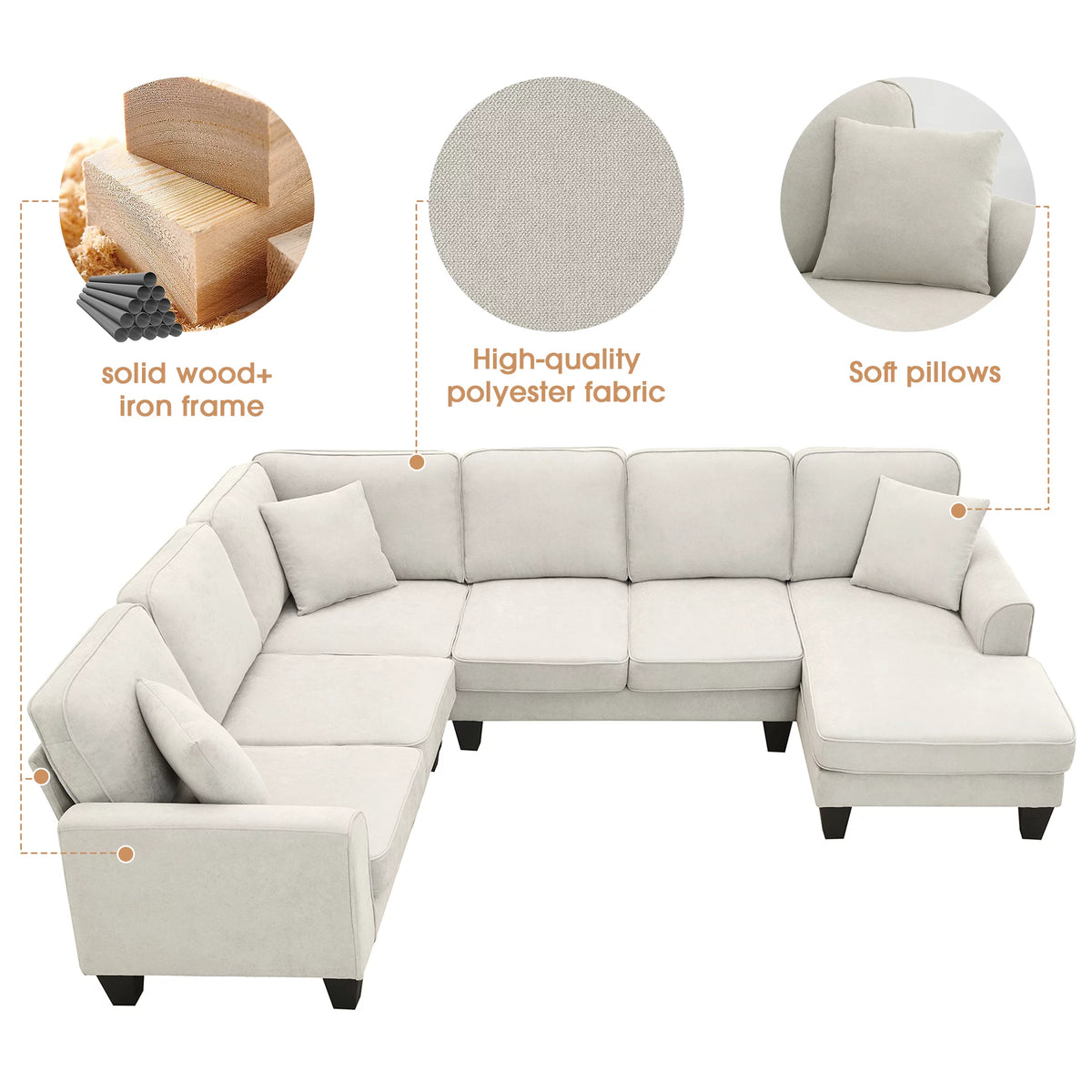 Beige U-Shaped 7-Seater Sectional Couch with Chaise B138291