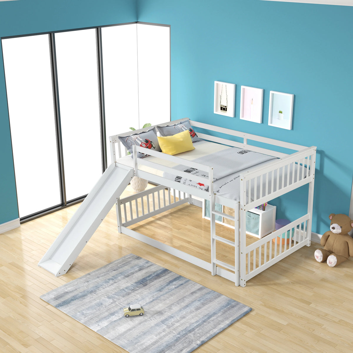 White Full over Full Wood Bunk Bed with Slide and Ladder Z99078