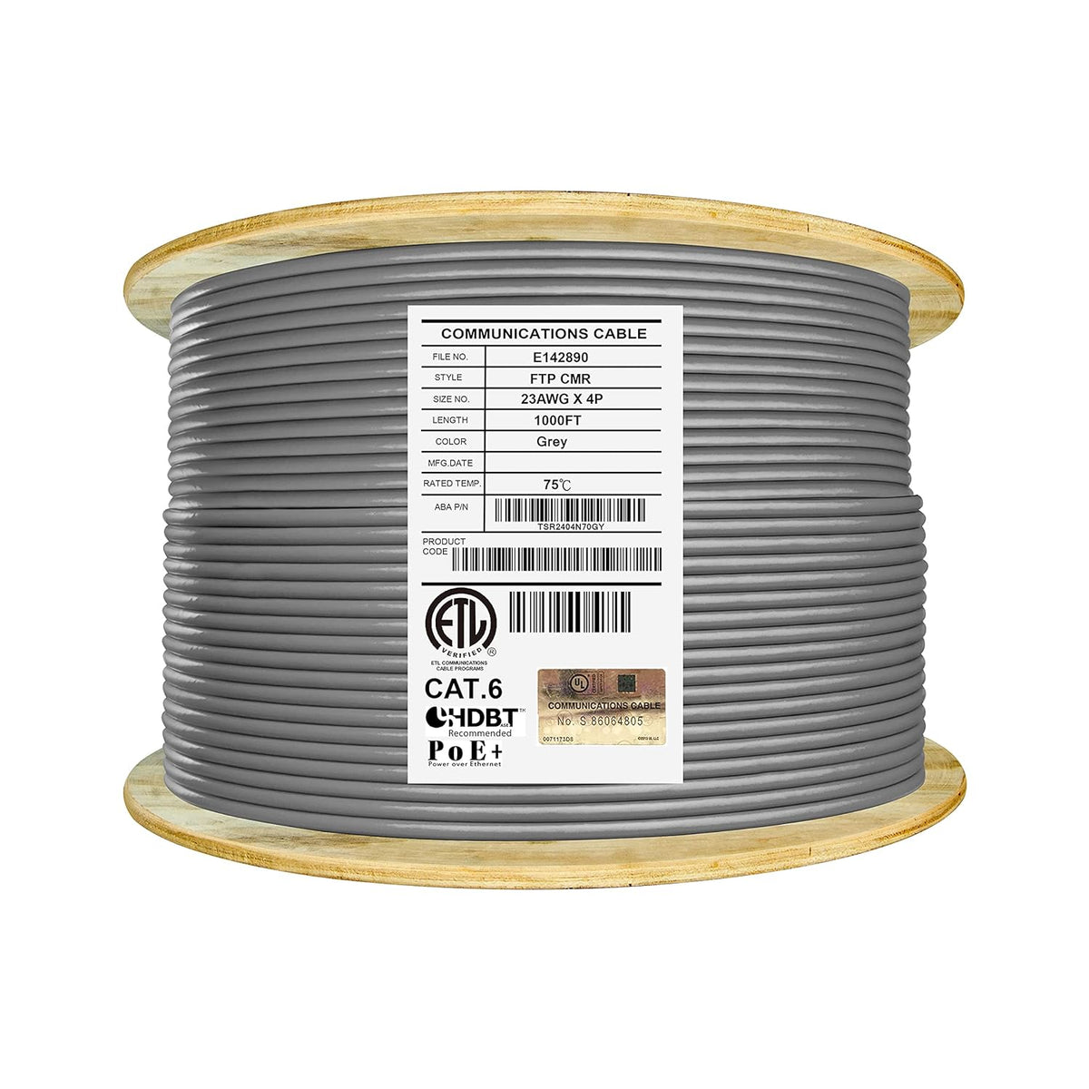 Cat6 Shielded Riser 1000ft F/UTP 23AWG Solid Bare Copper 550MHz Bulk Ethernet Cable Reel Yellow T91590