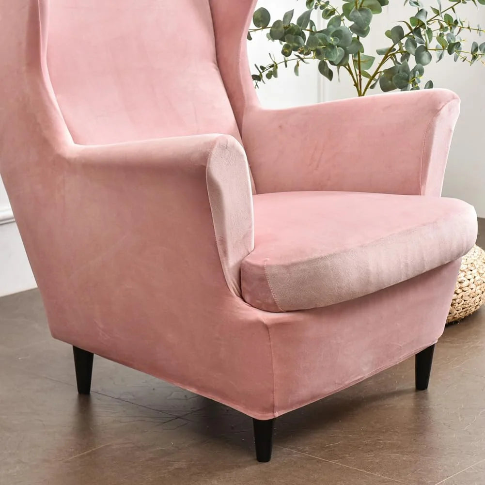 Pink Velvet Stretch Wingback Chair Sofa Slipcover with Elastic Bottom U82367