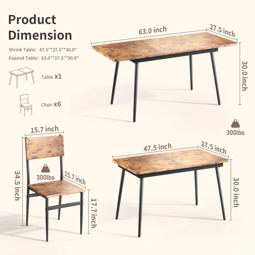 Extendable Kitchen Table Set for 4-6 People, 7-Piece Dining Table Set With 6 Chairs L51246