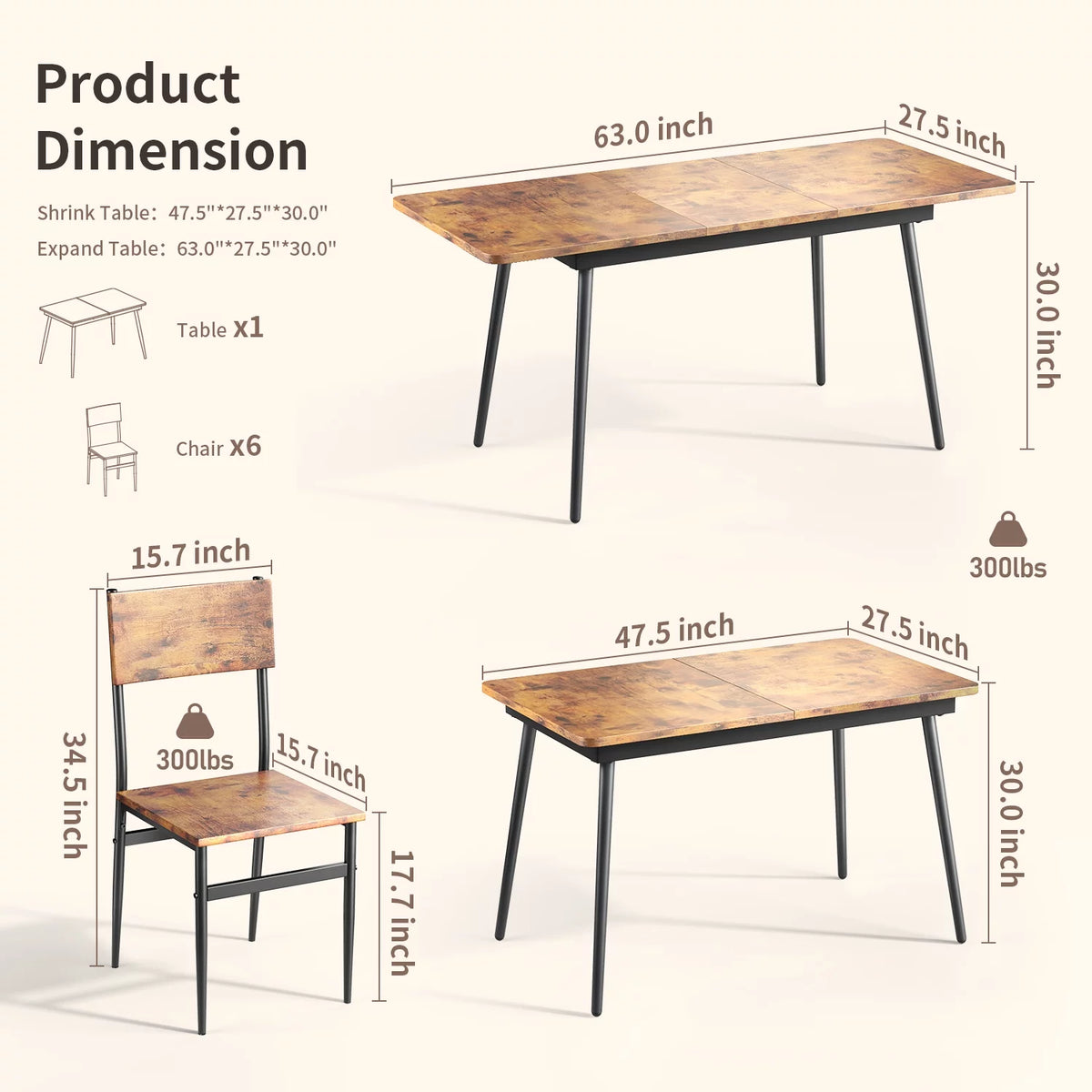 Extendable Kitchen Table Set for 4-6 People, 7-Piece Dining Table Set With 6 Chairs L51246