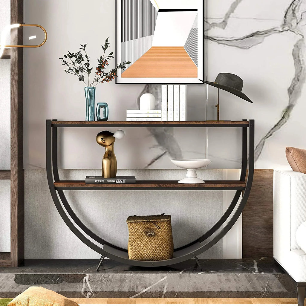 Rustic Wood 2-Tier Console Table with Shelves and Metal Frame B44657