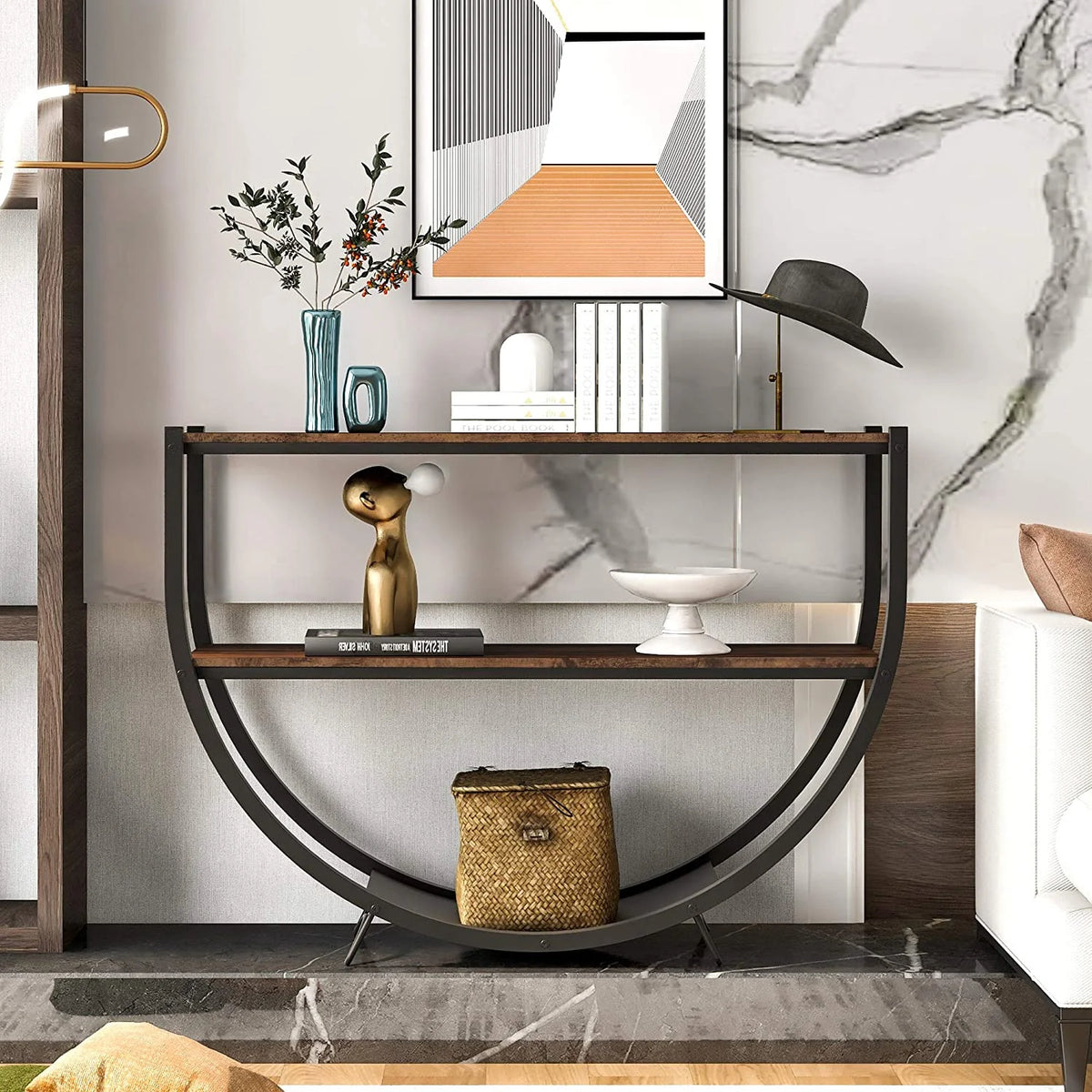 Rustic Wood 2-Tier Console Table with Shelves and Metal Frame B44657