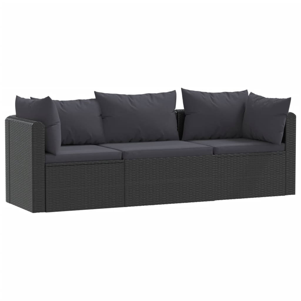Black Poly Rattan 3 Piece Patio Sofa Set with Cushions H6145