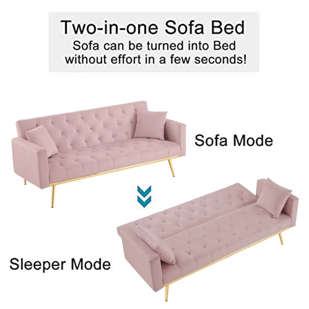 Pink Velvet Convertible Sofa Bed with 2 Pillows M60073