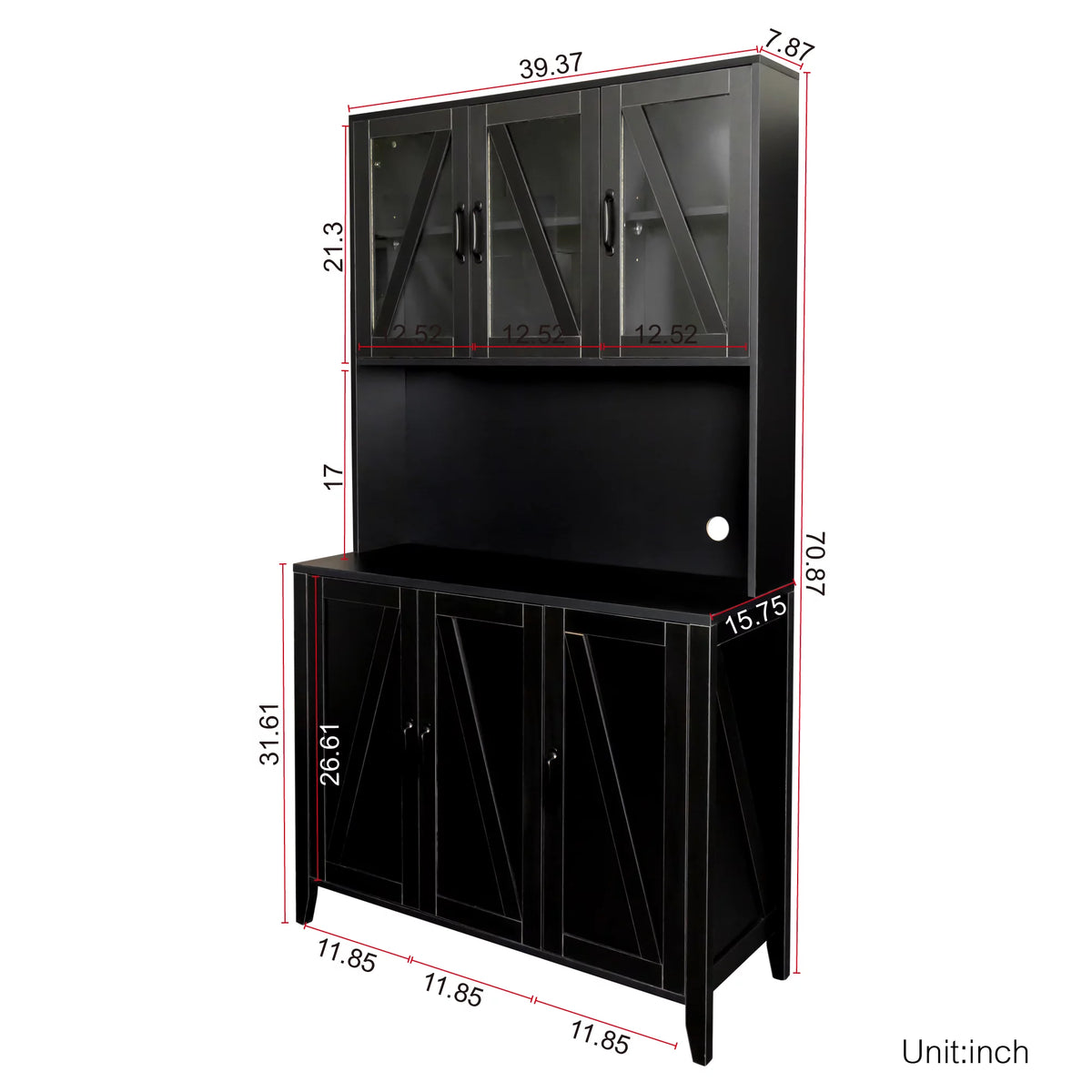 Black Kitchen Hutch Cabinet with Glass Doors L138