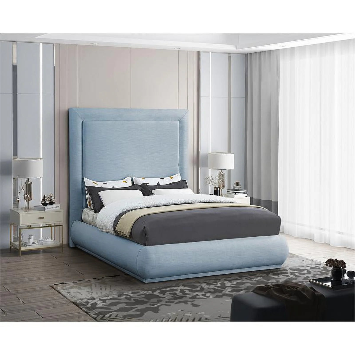 Light Blue Linen Textured Fabric King Bed F7976