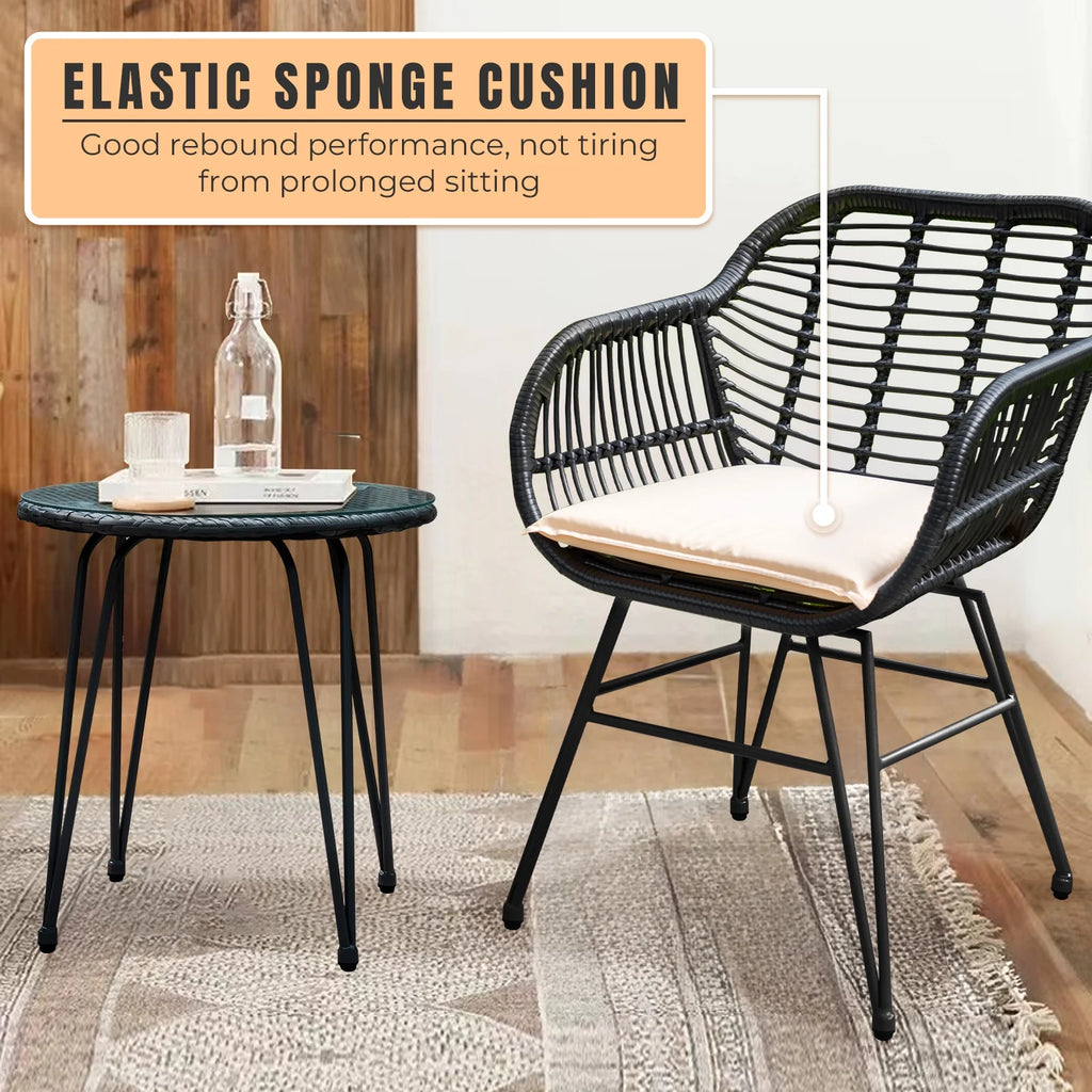 3 Piece Black PE Rattan Outdoor Wicker Bistro Set with Cushions M322627